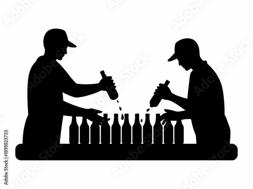 Two silhouetted figures pouring drinks from bottles into glasses at a bar setup isolated on white background, Vector, illustration