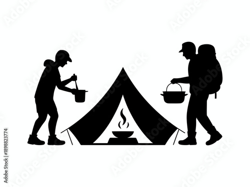 Two campers preparing food and drink near a tent with a campfire lit inside isolated on white background, Vector, illustration