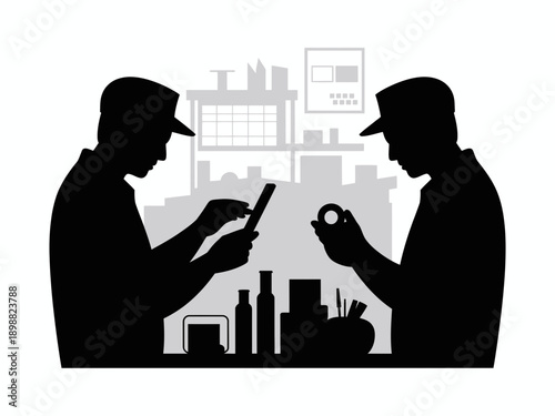 Two construction workers discussing plans using a smartphone and blueprints on-site isolated on white background, Vector, illustration