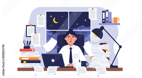 Tired corporate employee working late at desk surrounded by paperwork and laptop, showing overtime burnout, deadline pressure, and workplace stress in modern flat vector style