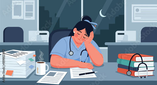 Exhausted female doctor leaning on hospital desk after long night shift, showing medical burnout, fatigue, and mental health challenges in clean modern flat vector illustration