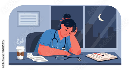 Exhausted female doctor leaning on hospital desk after long night shift, showing medical burnout, fatigue, and mental health challenges in clean modern flat vector illustration