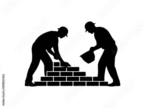 Two construction workers building a brick wall together in a collaborative effort. isolated on white background, Vector, illustration