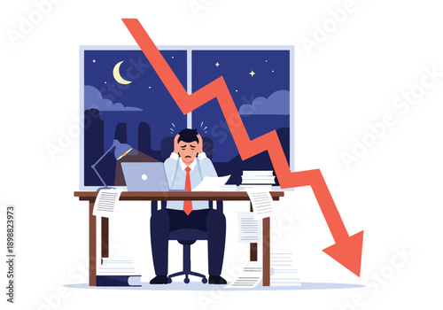 Stressed businessman holding head while business down, working late in office with city skyline view, representing corporate pressure, deadline anxiety, and burnout in modern flat vector style