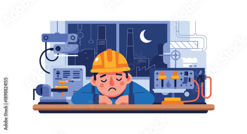 Fatigued factory worker resting head on workbench in industrial workshop, showing physical exhaustion, heavy workload, and labor burnout in modern flat vector illustration