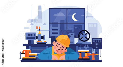 Fatigued factory worker resting head on workbench in industrial workshop, showing physical exhaustion, heavy workload, and labor burnout in modern flat vector illustration