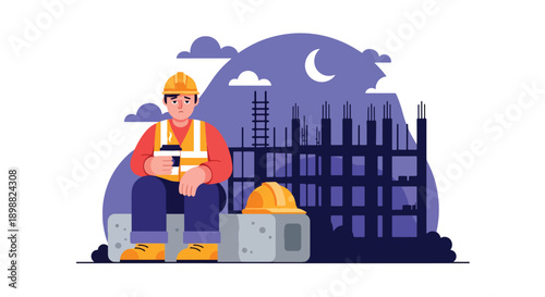 Exhausted construction worker sitting on concrete block near unfinished building, showing physical fatigue, hard labor, and workplace burnout in modern flat vector illustration