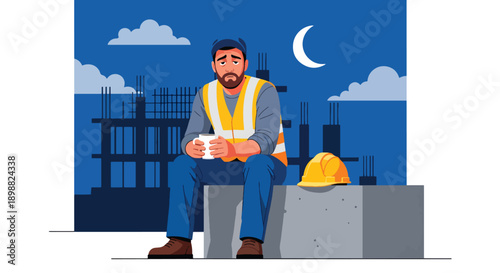 Exhausted construction worker sitting on concrete block near unfinished building, showing physical fatigue, hard labor, and workplace burnout in modern flat vector illustration