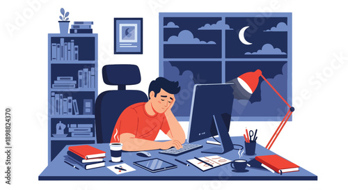 Tired freelance designer working late in home office with glowing screen and messy desk, showing creative burnout, deadline pressure, and remote work stress in flat vector style