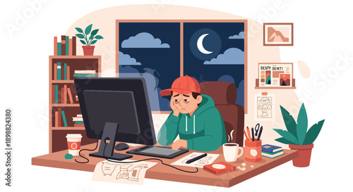 Tired freelance designer working late in home office with glowing screen and messy desk, showing creative burnout, deadline pressure, and remote work stress in flat vector style