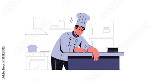 Tired restaurant chef leaning on kitchen counter after busy service, showing culinary fatigue, work pressure, and hospitality industry burnout in clean modern flat vector illustration