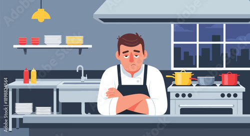 Tired restaurant chef leaning on kitchen counter after busy service, showing culinary fatigue, work pressure, and hospitality industry burnout in clean modern flat vector illustration