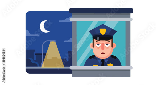 Tired security guard resting in small booth at night under streetlight, showing night shift exhaustion, vigilance stress, and workplace burnout in modern flat vector illustration