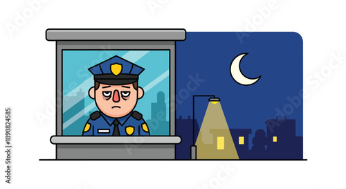 Tired security guard resting in small booth at night under streetlight, showing night shift exhaustion, vigilance stress, and workplace burnout in modern flat vector illustration