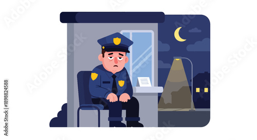 Tired security guard resting in small booth at night under streetlight, showing night shift exhaustion, vigilance stress, and workplace burnout in modern flat vector illustration