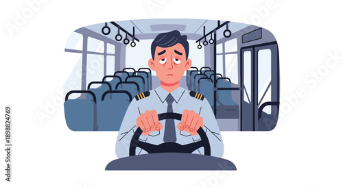 Tired public transport driver holding steering wheel inside bus, showing long shift exhaustion, traffic stress, and transportation service burnout in modern flat vector illustration