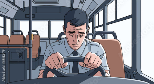 Tired public transport driver holding steering wheel inside bus, showing long shift exhaustion, traffic stress, and transportation service burnout in modern flat vector illustration