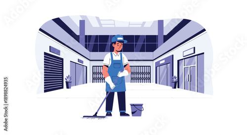 Fatigued cleaning staff mopping empty shopping mall hall at night, showing late shift exhaustion, maintenance workload, and service industry burnout in flat vector style