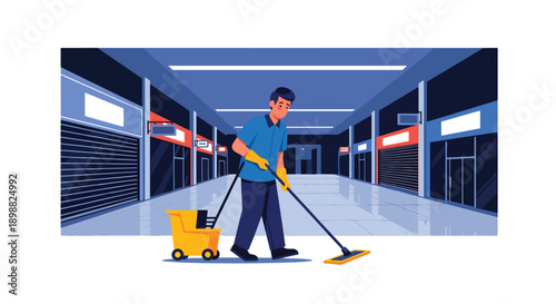 Fatigued cleaning staff mopping empty shopping mall hall at night, showing late shift exhaustion, maintenance workload, and service industry burnout in flat vector style