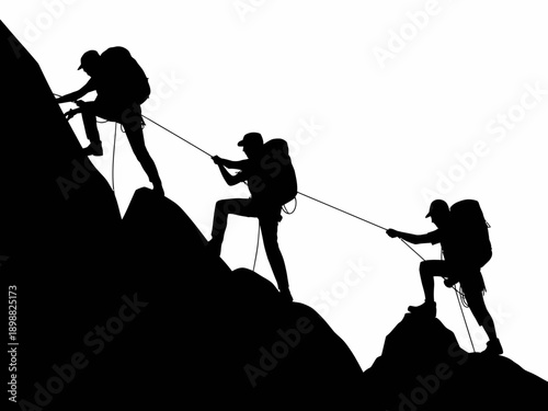 Three climbers ascending a rocky mountain peak with a safety rope. isolated on white background, Vector, illustration