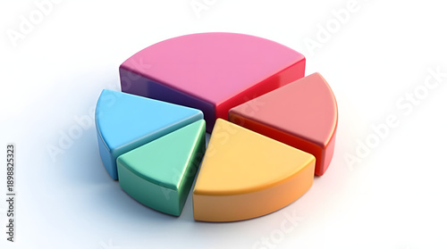 Colorful 3D pie chart with five segments in vibrant hues, symbolizing data visualization and analysis.