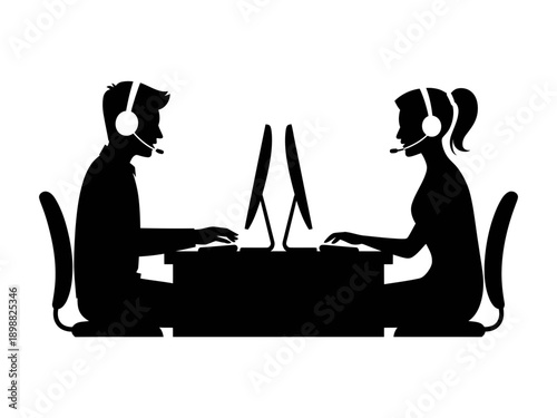Two professionals engaged in a virtual meeting across a conference table. isolated on white background, Vector, illustration