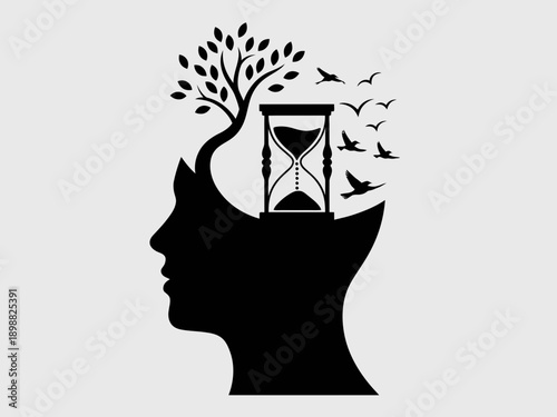 The flow of time and thoughts emerging from the mind as a tree with birds and an hourglass isolated on white background, Vector, illustration