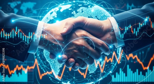 Global Business Partnership Handshake with Financial Market Data and World Map Overlay