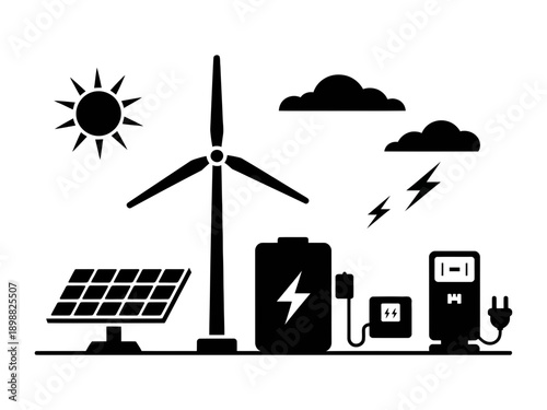 Renewable energy sources illustration featuring solar, wind, and battery storage isolated on white background, Vector, illustration