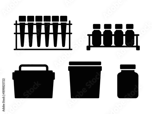 Assorted laboratory and storage containers with test tubes and bottles isolated on white background, Vector, illustration