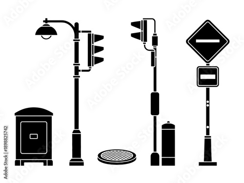 Collection of urban street fixtures and traffic control devices in black and white isolated on white background, Vector, illustration