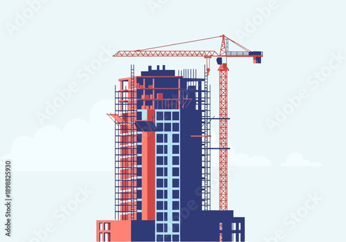 Dynamic Urban Development Modern Illustration of a High-Rise Building Under Construction with a Tower Crane, Symbolizing Growth, Investment, and Future Cityscapes