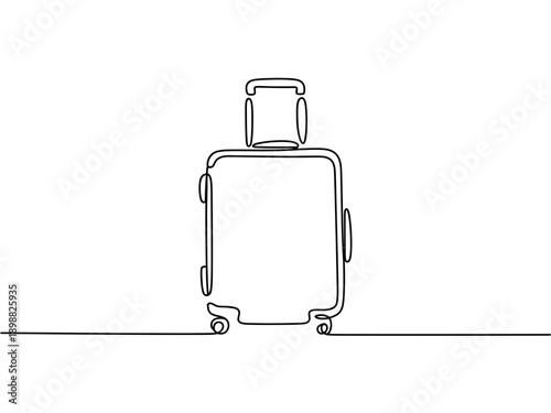 Minimalist line drawing of a rolling suitcase with extended handle isolated on white background, Vector, illustration