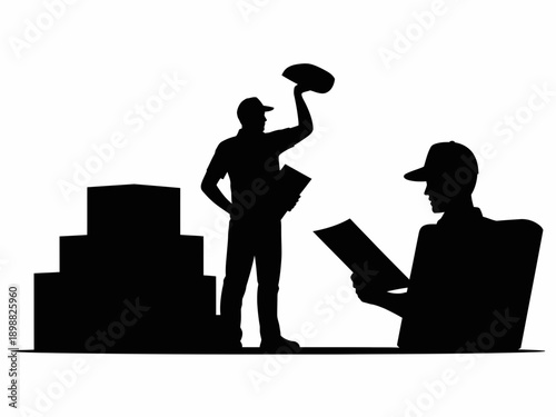 Construction supervisor overseeing a worker with building materials nearby isolated on white background, Vector, illustration