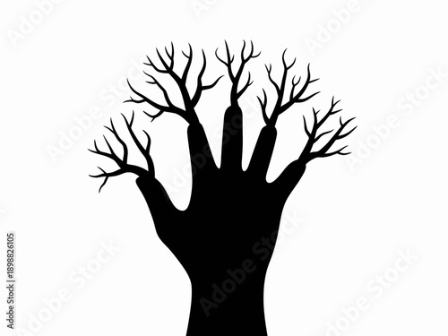 Mysterious silhouette of a hand transforming into a tree with bare branches. isolated on white background, Vector, illustration