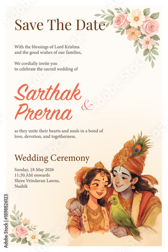 Traditional Royal Wedding Invitation card design with krishna and radha illustration