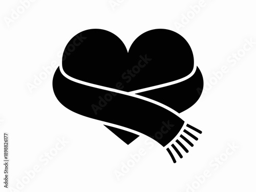A stylized heart wrapped with a scarf or ribbon in a minimalist black and white design isolated on white background, Vector, illustration