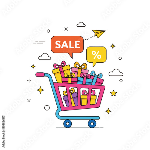 Shopping Cart with Gifts and Sale Sign