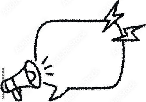 Hand drawn megaphone with speech bubble and lightning bolts in black charcoal sketch style on white background