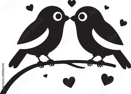 Cute black and white illustration of two lovebirds perched on a branch, surrounded by small hearts, symbolizing romance and affection.