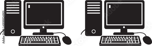 Pair of black silhouette desktop computer setups with monitor, tower, keyboard, and mouse