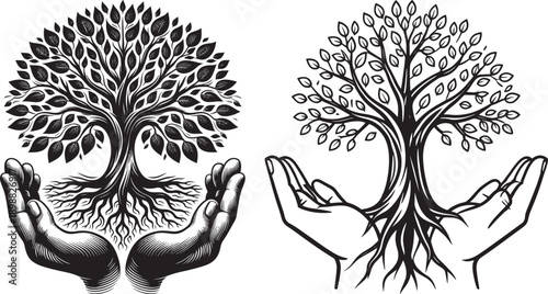 Symbolic black silhouette of a flourishing tree with roots held by cupped hands