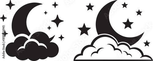 Dreamy black silhouette illustration of crescent moons and stars within fluffy clouds
