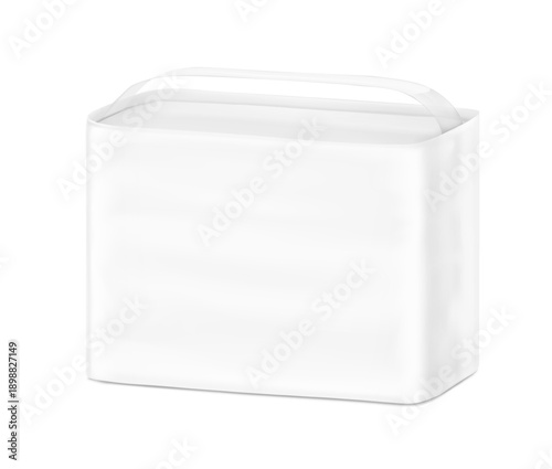 Stand bag with handle mockup. Half side view. Vector illustration isolated on white background. Ready for your design. Suite for the presentation of diaper, wet wipes, changing mats, pads. EPS10.