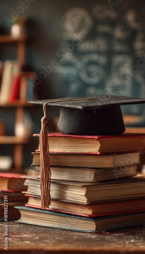 Graduation Cap on Stack of Books in Classroom Setting