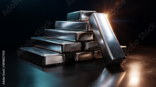 silver bullion bars stacked, polished silver bars closeup, luxury silver ingots shining