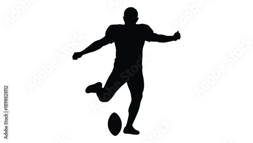 Silhouette of a man kicking a football against a white background