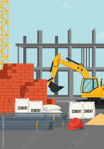 Construction site with excavator, bricks, cement bags, reinforcing bars, hard hat, and sand pile