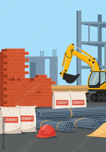 Construction site with excavator, cement bags, bricks, rebar, and hard hat, representing building and development
