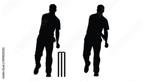 Silhouettes of two cricket players with wickets against a white background